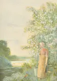 A mother and child sitting in flowers at the edge of a pond with white ducks by Fred Hines, watercolour, sold May 2023