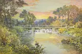 British, A river scene with a bridge and the setting sun by Arthur Suker, watercolour, sold May 2023