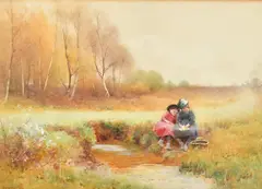 British, Two children sitting on the edge of a stream with a basket and picked primroses by Benjamin D. Sigmund, watercolour, sold May 2023