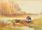 British, Two children sitting on the edge of a stream with a basket and picked primroses by Benjamin D. Sigmund, watercolour, sold May 2023