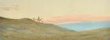 Figures with camels and boats at the edge of a river with figures gathering, watercolours, both signed, 8.5" x 24 by August Osborne Lamplough, watercolor, sold May 2023
