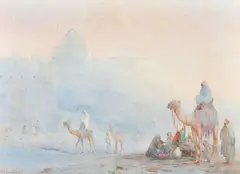 Australian, A group of figures some seated on the ground, a man on a camel, with other camels and figures in the distance by Will Longstaff, watercolour, sold May 2023