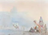 Australian, A group of figures some seated on the ground, a man on a camel, with other camels and figures in the distance by Will Longstaff, watercolour, sold May 2023