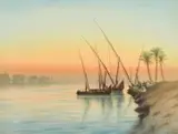 French, A view in Egypt, fishing boats at the edge of a river with figures gathered beneath three palm trees by Aime Felix Nicollerat, watercolour, sold May 2023
