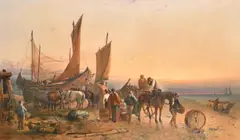 British, A busy shore scene, men tending their boats, a horse and cart being loaded and a group of figures by a basket of fish, another man tending three horses by Aaron Penley, 1854, watercolour, sold May 2023