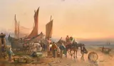 British, A busy shore scene, men tending their boats, a horse and cart being loaded and a group of figures by a basket of fish, another man tending three horses by Aaron Penley, 1854, watercolour, sold May 2023