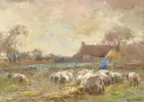 British, A rural scene with a cottage and a shepherd feeding sheep hay by Claude Hayes, watercolour, offered May 2023