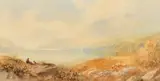 An extensive landscape with mountains around a loch, sheep grazing and a figure resting with a dog by C. Pearson, 1873, watercolour, sold May 2023