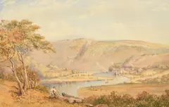 British, an extensive landscape with a figure by a tree trunk, a winding river with sailing boats, cattle grazing and a small hamlet in the distance by Philip Mitchell, watercolour, sold May 2023