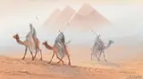 A group of four Eastern desert scenes all with men on Camels, watercolours, all signed and each 3.25"x 6.5 by Douglas H. Pinder, watercolor, sold May 2023