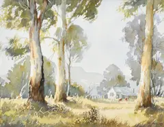 Australian, cattle by a dwelling with tall trees in the foreground by Frank Mutsaers, watercolour, offered May 2023