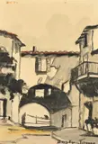 Mediterranean dwellings with a path through an archway by Cecil Rochfort D'Oyly-John, watercolour, sold May 2023
