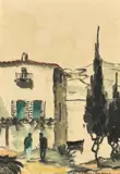 South African, A Mediterranean dwelling near a lake with figures chatting by Cecil Rochfort D'Oyly-John, watercolour, sold May 2023