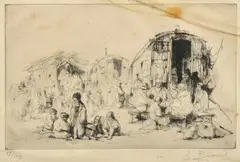 French, travelling families by Auguste Brouet, etching, sold May 2023
