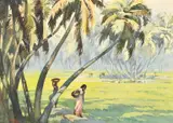 Indian, female figures carrying produce on a tree lined pathway by G.D. Paulraj, watercolour, sold May 2023