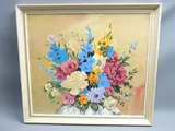 still life flowers in a vase, 48x54cms by Pearl Bailey- Paper Collage, oil, offered Jul 2020