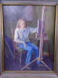 OIL ON CANVAS, young lady artist seated at her easel, signed and dated 1982 verso, by Myfanwy Johns, 1982, OIL ON CANVAS, sold Jun 2020