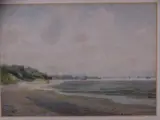Coastal scene with distant buildings and by James Thomas Watts. Watercolour-Liverpool, Watercolour-Liverpool, sold Jun 2020