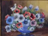 WATERCOLOUR study of pansies in a blue bowl, signed 35x44 cms by Marion Broom, WATERCOLOUR, sold Jun 2020