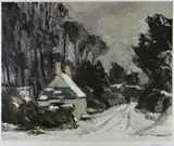 Print - figure walking on snowy lane with nearby by Kyffin Williams Ra limited edition, print, sold Mar 2020