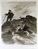 Print - farmer and sheep dog on mountainside by Kyffin Williams Ra artist proof, print, sold Mar 2020