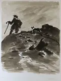 Print - farmer and sheepdog on mountain summit by Kyffin Williams Ra limited edition, print, sold Mar 2020
