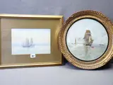 initialled E H, 28cms diameter and another marine watercolour by Circular Marine Painting On Milk Glass, watercolour, sold Dec 2019