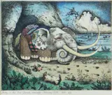 Coloured etching - surreal fantasy elephant entitled ' by Patrick Woodroffe limited edition, 1972, etching, sold Nov 2019