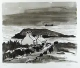 Inkwash print - sea and land with two cottages by Kyffin Williams Ra artist's proof, print, sold Oct 2019