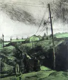 Colour etching - figures walking in a South Wales valleys by George Chapman limited edition, etching, sold Oct 2019