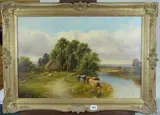 Landscape with cattle watering by Henry Harris Of Bristol, oil on canvas, sold Aug 2019
