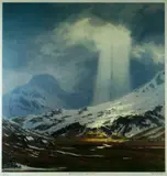 Print - light streaming down through clouds onto by David Woodford limited edition coloured, print, sold Jul 2019