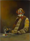 HALF LENGTH PORTRAIT OF A CLOWN, seated at a table holding a bottle and a glass with a plate of cheese and a tomato by Cavan Corrigan, oil on board, sold Jun 2018