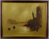 an oil on canvas of sailing ships unloading at the docks, signed by Barry Hilton, oil on canvas, sold Jun 2018