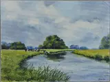 an oil on board painting of a herd of cows drinking from a river by Deborah Poynton, oil on board, sold Jun 2018