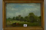 CATTLE GRAZING IN A MEADOW, church tower in the distance by William Henry Vernon, oil on board, sold May 2018