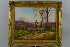 HUNTING' Hunt master and hands, with rest of the field beyond in an Autumnal landscape by Donald Ayres, oil on canvas, sold May 2018