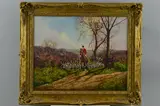HUNTING' Hunt master and hands, with rest of the field beyond in an Autumnal landscape by Donald Ayres, oil on canvas, sold May 2018