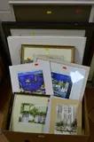 a box of assorted pictures including two watercolours by Frank Buttenshaw, N.J.Owens pencil sketch of a female nude by Pictures And Prints, pencil, sold May 2018
