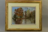 a pastel drawing of a view across a lake with trees on the far bank by S G Jennings, pastel, sold May 2018