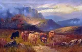 Highland Cattle in a mountainous landscape, oil on canvas, by Charles W Oswald, oil on canvas, sold Apr 2018