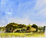 Wychbury Hill and Hagley Monument' a watercolour painting across fields to distant hills by John R. Myers, watercolour, sold Apr 2018