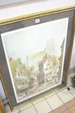 French Market square with half timbered buildings, cathedral beyond by Paul Braddon, watercolour, sold Apr 2018
