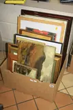 a box of oils on canvas, pastels, watercolours and prints, etc, some unframed, and a 1997 James Bond calendar (one box) by Paintings And Prints, watercolor, sold Apr 2018