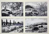 pen and ink studies of countryside scenes, four images mounted as one, glazed and framed, approximate size 24cm x 36cm (1) by G.j. Kirkcaldy, ink, sold Apr 2018