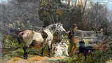 Waiting for the Guns, a colour print of a boy with grey pony and three game dogs, mounted, glazed and in a gilt frame, approximate image size 38cm x 66cm by James Hardy Jnr, print, sold Apr 2018