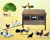 'Chicken Run', a limited edition print 40/95 of chickens with a by Rebecca Camplbell, print, sold Apr 2018