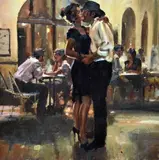 a limited edition print of a man and woman dancing at a cafe, 19/295 by Raymond Leech, print, sold Apr 2018