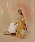 As Time Goes By' a limited edition print of a woman sitting on a stool 114/395 by Kay Boyce, print, sold Apr 2018