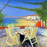(BRITISH, CONTEMPORARY), 'Breakfast Terrace', an original oil painting on canvas of a by Ken Devine, oil, sold Apr 2018